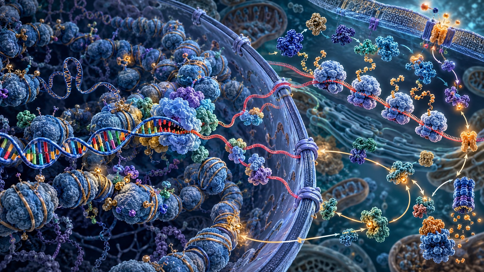 DNA integrado a cromatina, RNA, proteínas e outras camadas de regulação celular.