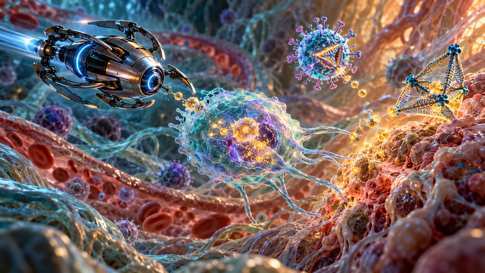 Microrrobô, célula programada, vetor viral e nanostrutura de DNA atuando em conjunto no tecido.