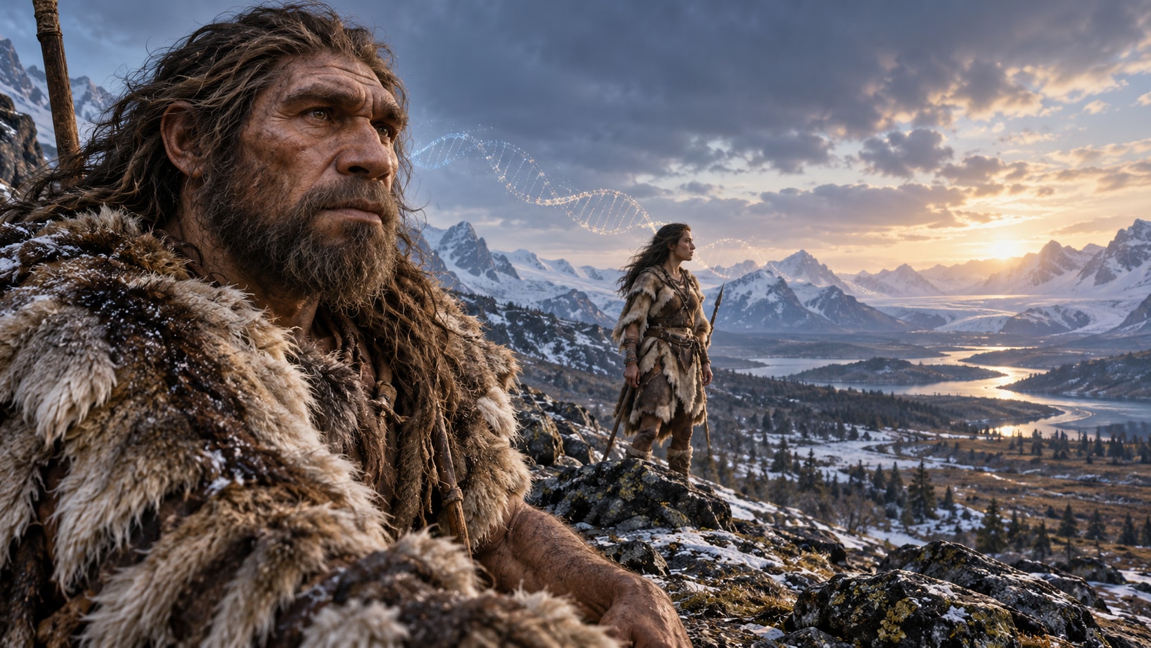 Neandertal e Homo sapiens em linha temporal evolutiva com conexão genética entre as linhagens.