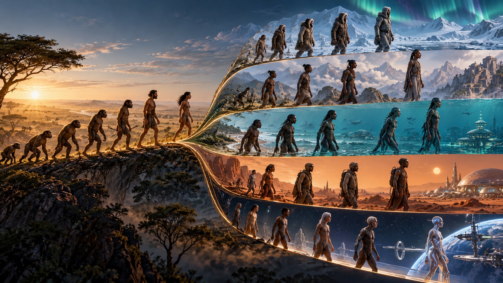 Homo sapiens se ramificando gradualmente em possíveis linhagens futuras.
