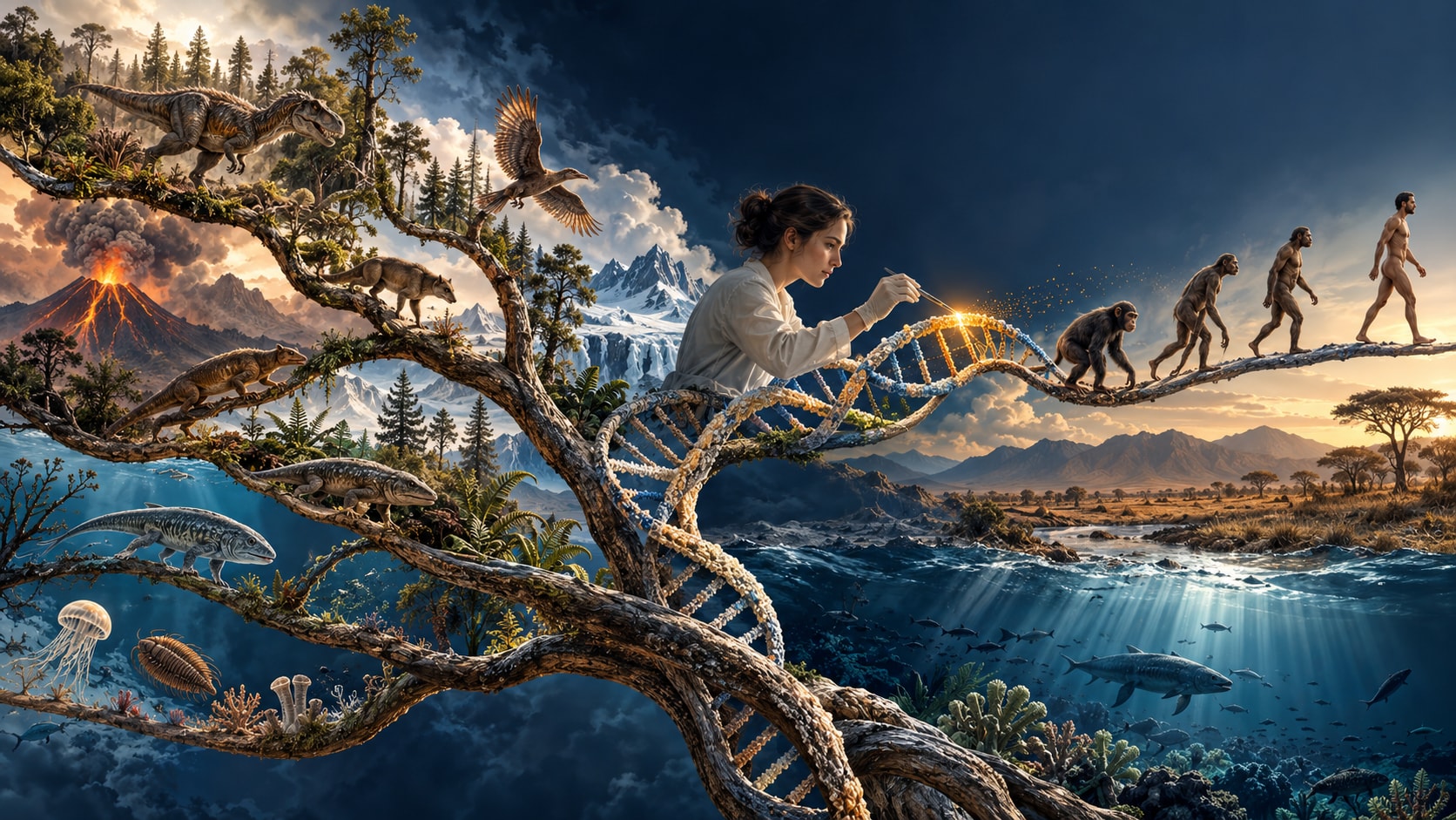 Homo sapiens dentro da árvore evolutiva editando deliberadamente parte do próprio genoma.