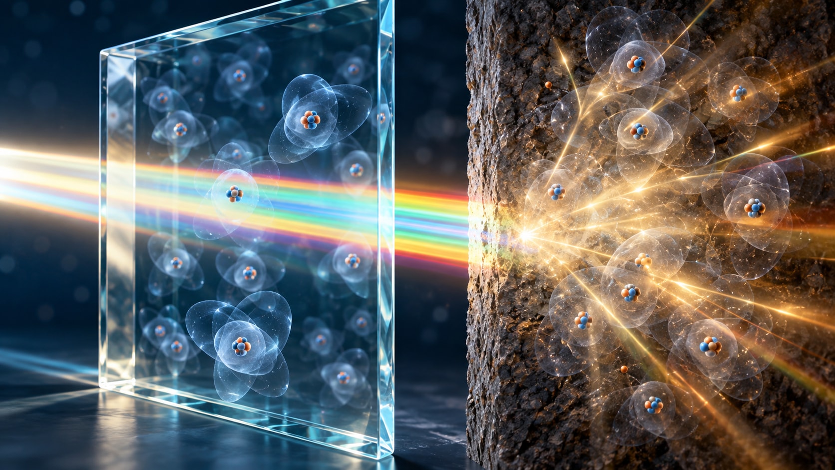 Parede e vidro vistos em escala atômica com luz interagindo de maneiras diferentes.